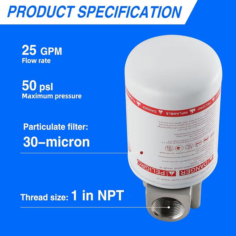 NPT Fuel Tank Filter, 1" High Flow 25 GPM 30 Micron Spin-On Particulate Filter