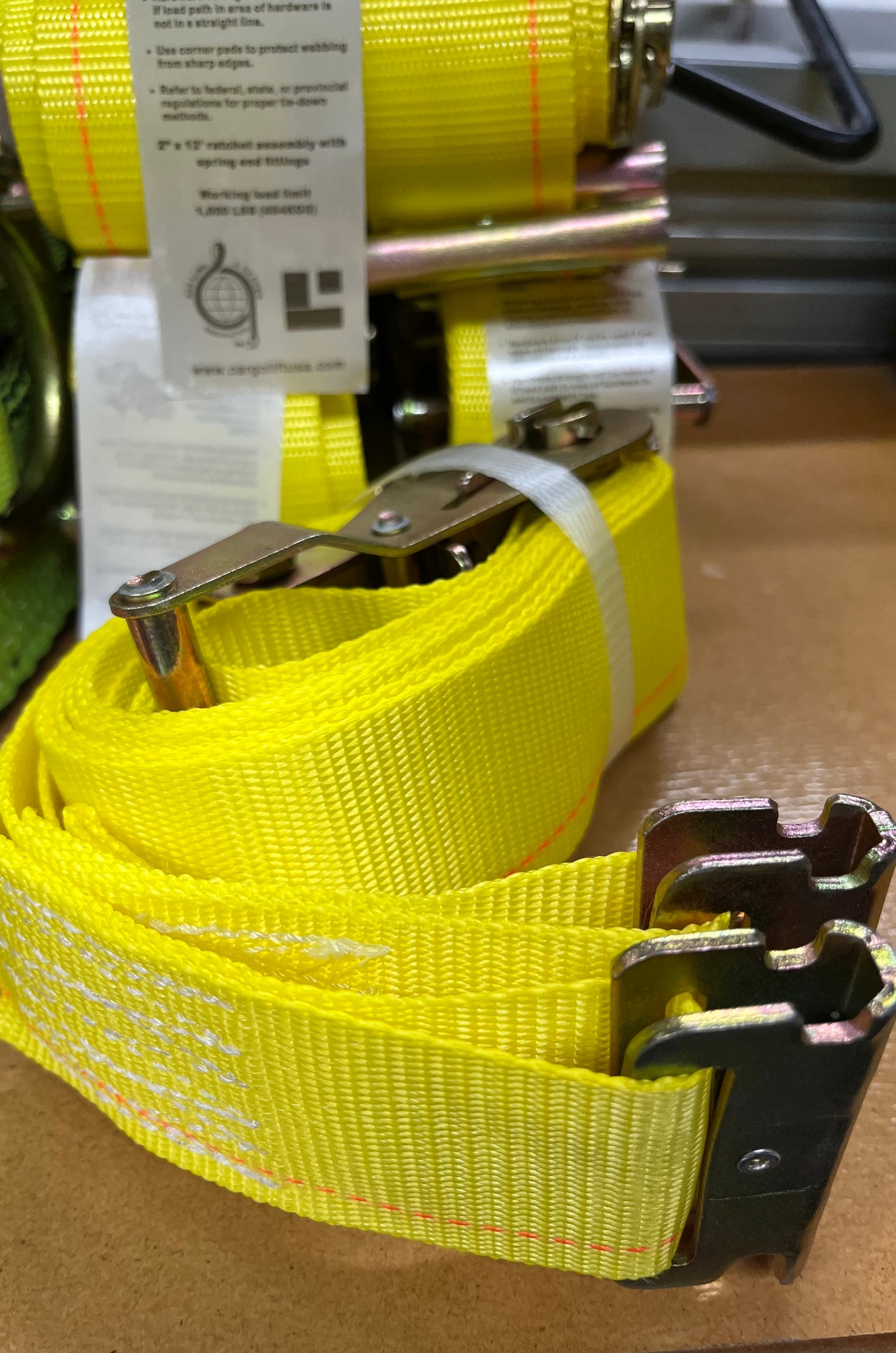 Ratchet with Strap Webbing in Yellow Spring E Track Ends | 2"x12'