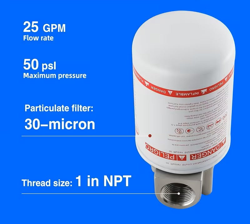 NPT Fuel Tank Filter, 1" High Flow 25 GPM 30 Micron Spin-On Particulate Filter
