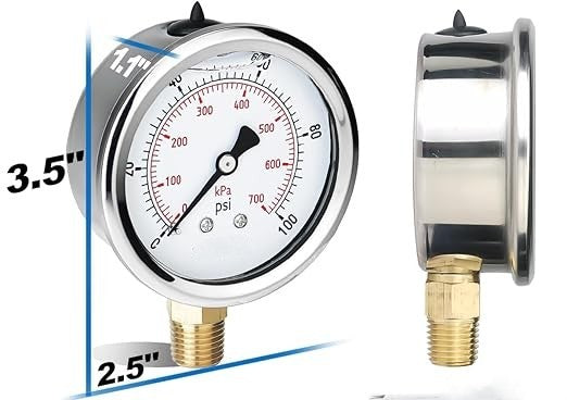 0-100 PSI Glycerin Low Pressure Gauge Bottom Mount