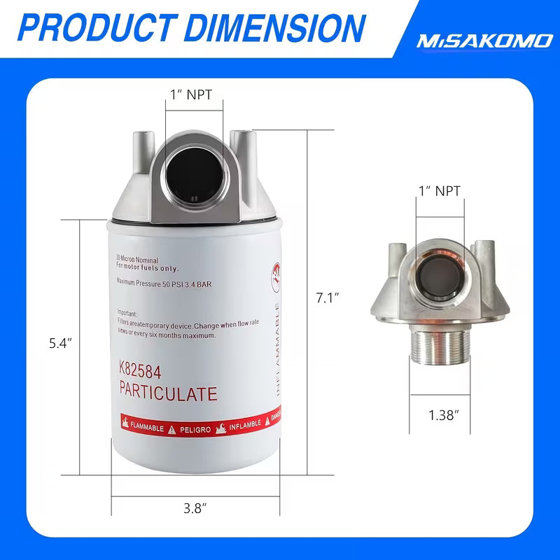 NPT Fuel Tank Filter, 1" High Flow 25 GPM 30 Micron Spin-On Particulate Filter